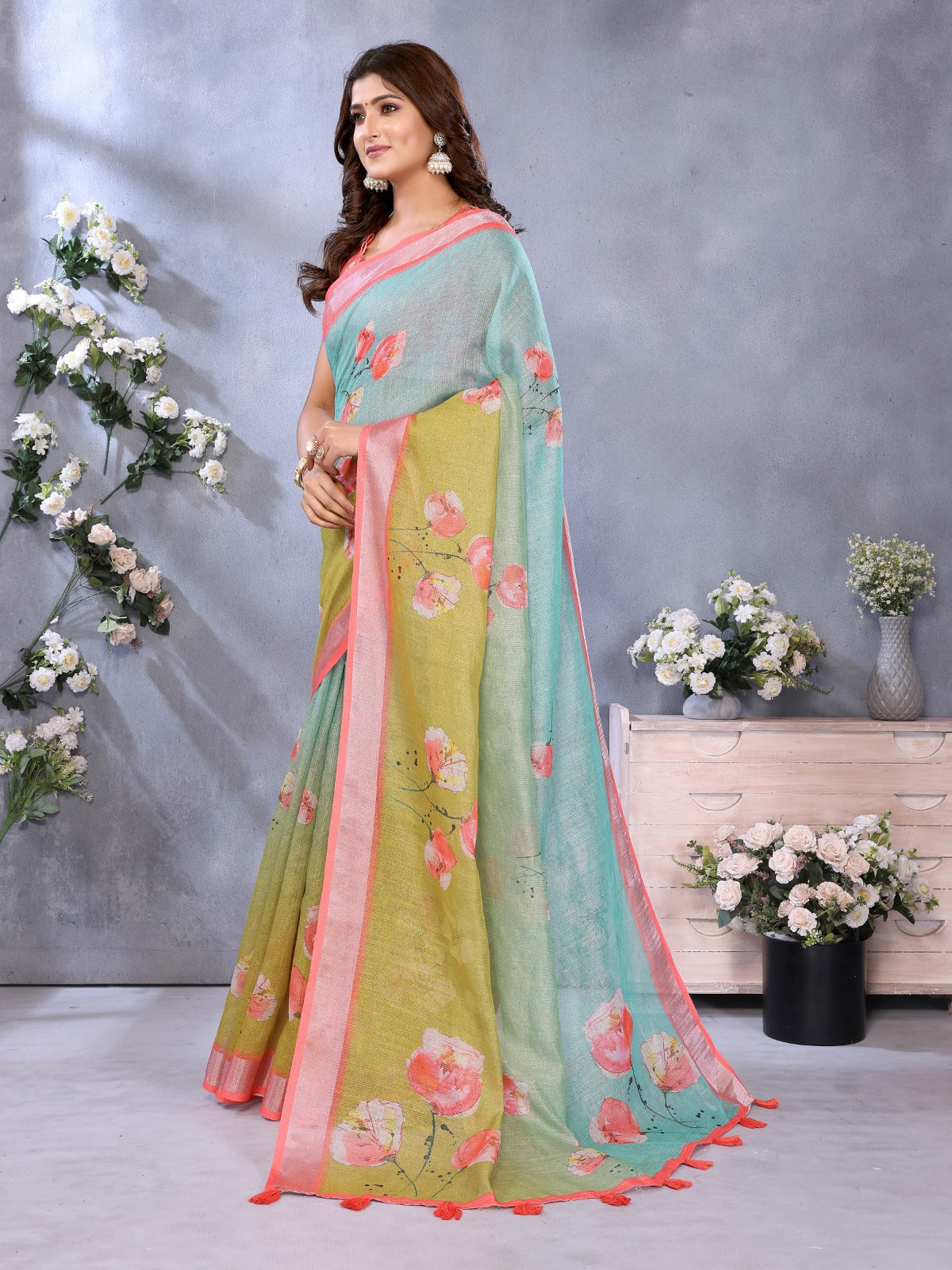 Green & Aqua Floral Print Linen Shimmer Saree