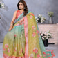 Green & Aqua Floral Print Linen Shimmer Saree