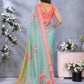 Green & Aqua Floral Print Linen Shimmer Saree