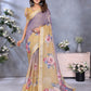 Yellow & Lavender Floral Print Linen Shimmer Saree