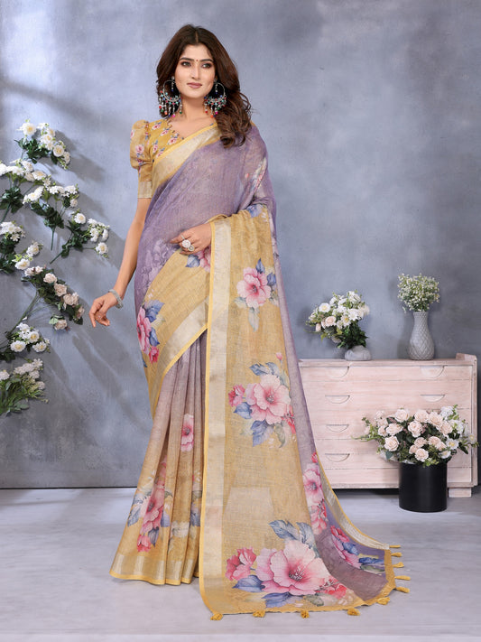 Yellow & Lavender Floral Print Linen Shimmer Saree