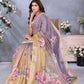 Yellow & Lavender Floral Print Linen Shimmer Saree