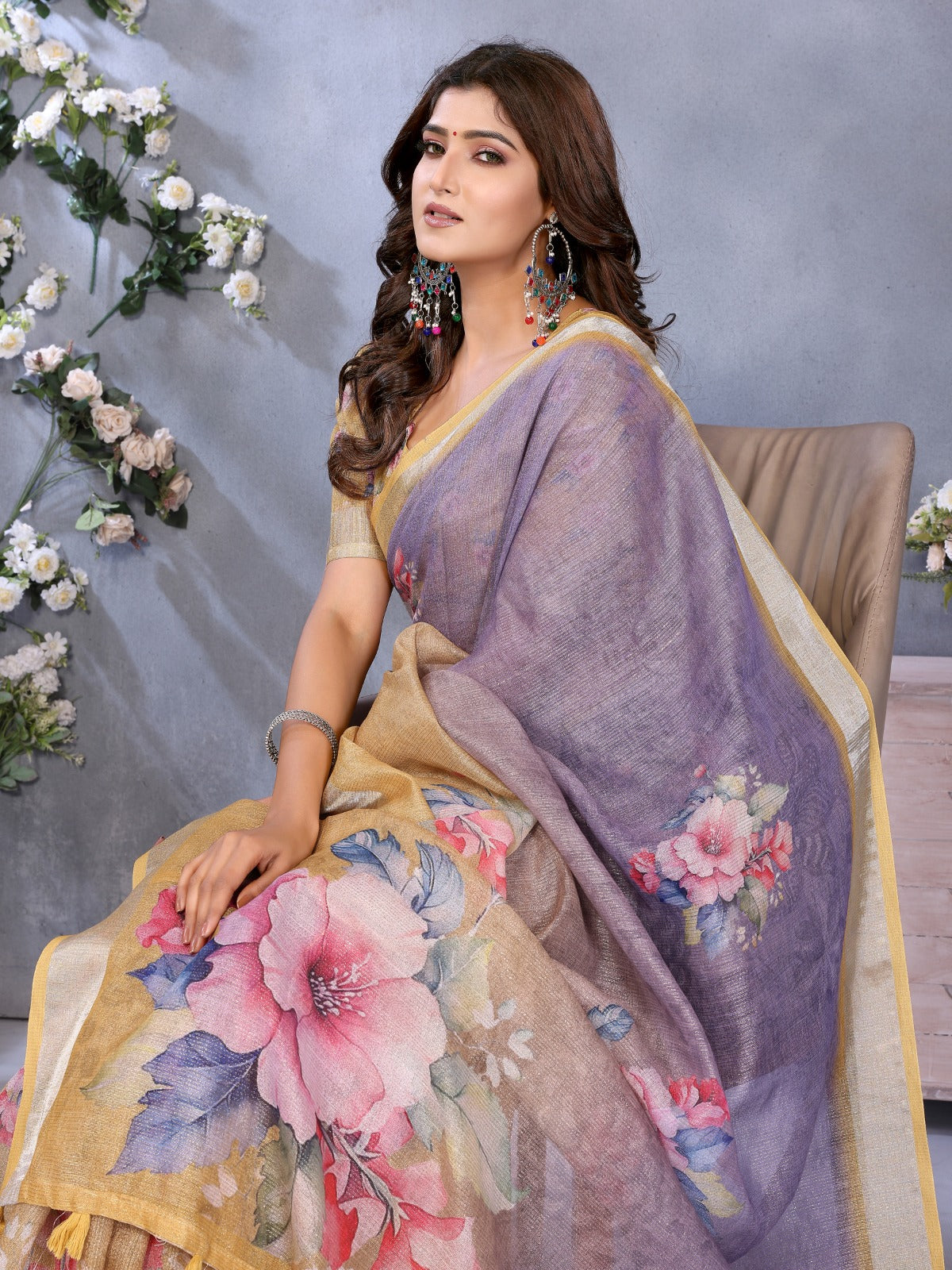 Yellow & Lavender Floral Print Linen Shimmer Saree