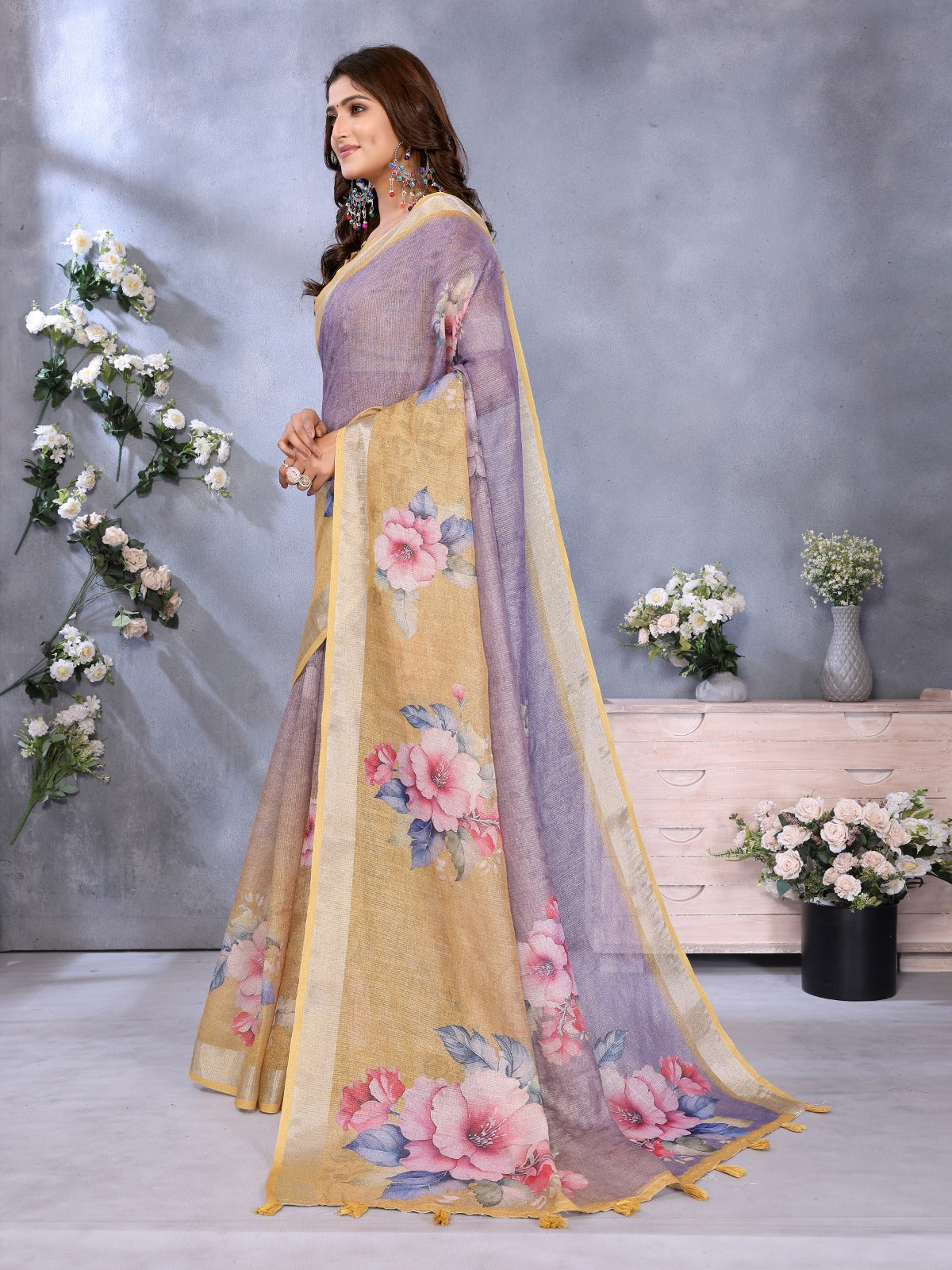 Yellow & Lavender Floral Print Linen Shimmer Saree