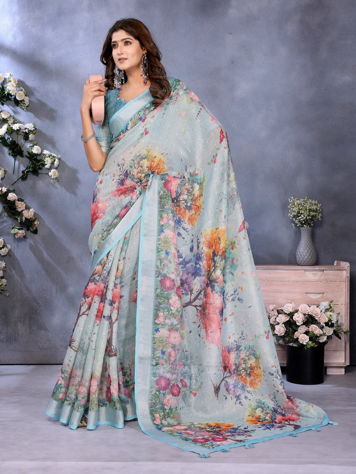Sky Blue Multicolor Floral Print Linen Shimmer Saree