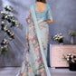 Sky Blue Multicolor Floral Print Linen Shimmer Saree