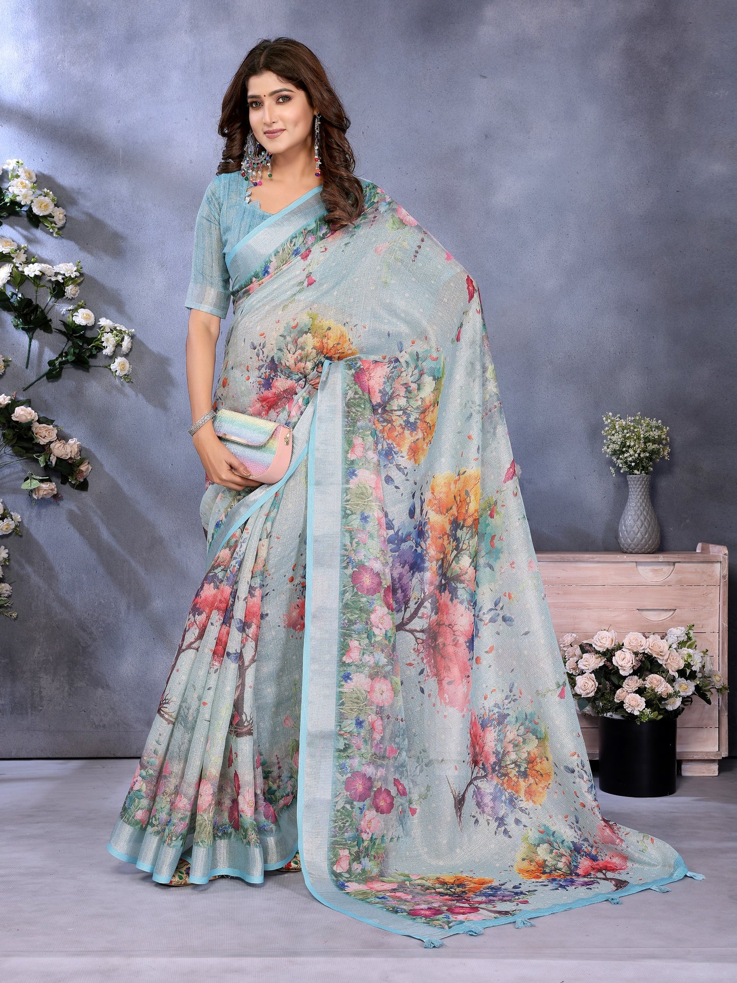 Sky Blue Multicolor Floral Print Linen Shimmer Saree