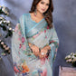 Sky Blue Multicolor Floral Print Linen Shimmer Saree