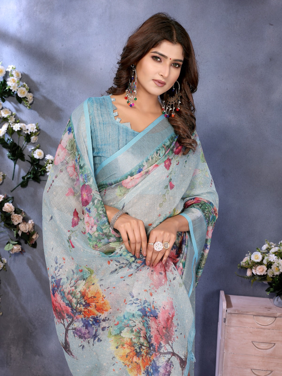 Sky Blue Multicolor Floral Print Linen Shimmer Saree