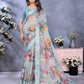 Sky Blue Multicolor Floral Print Linen Shimmer Saree