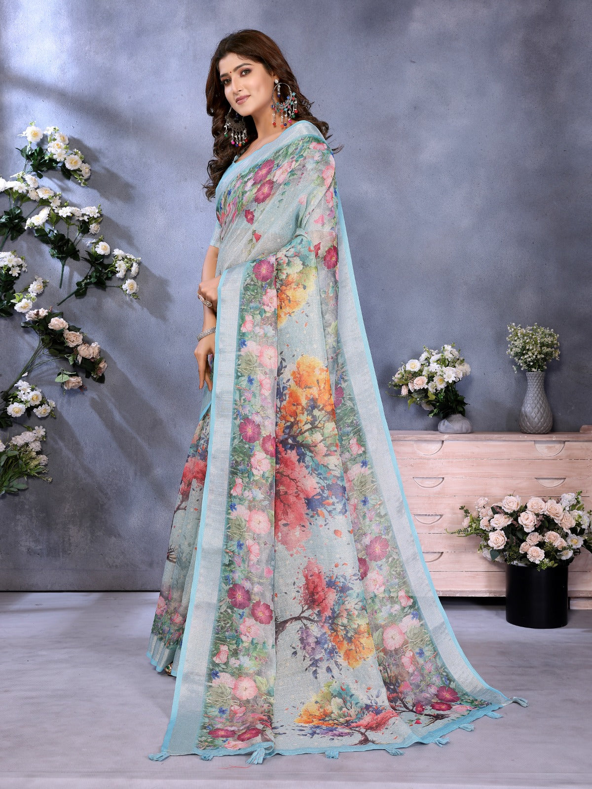 Sky Blue Multicolor Floral Print Linen Shimmer Saree