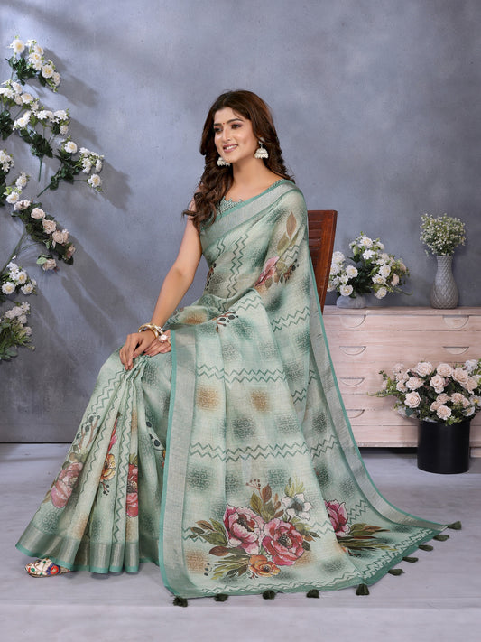 Mint Green Floral Printed Saree