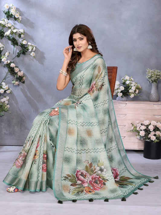 Mint Green Floral Printed Saree