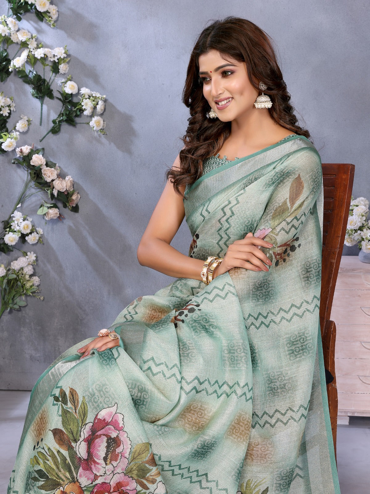 Mint Green Floral Printed Saree