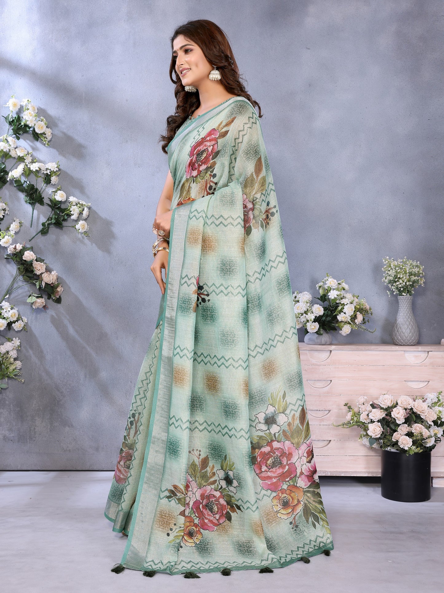 Mint Green Floral Printed Saree