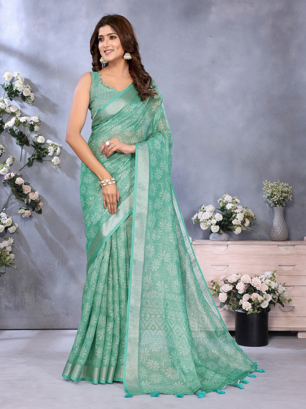 Sea Green Woven Pattern Saree