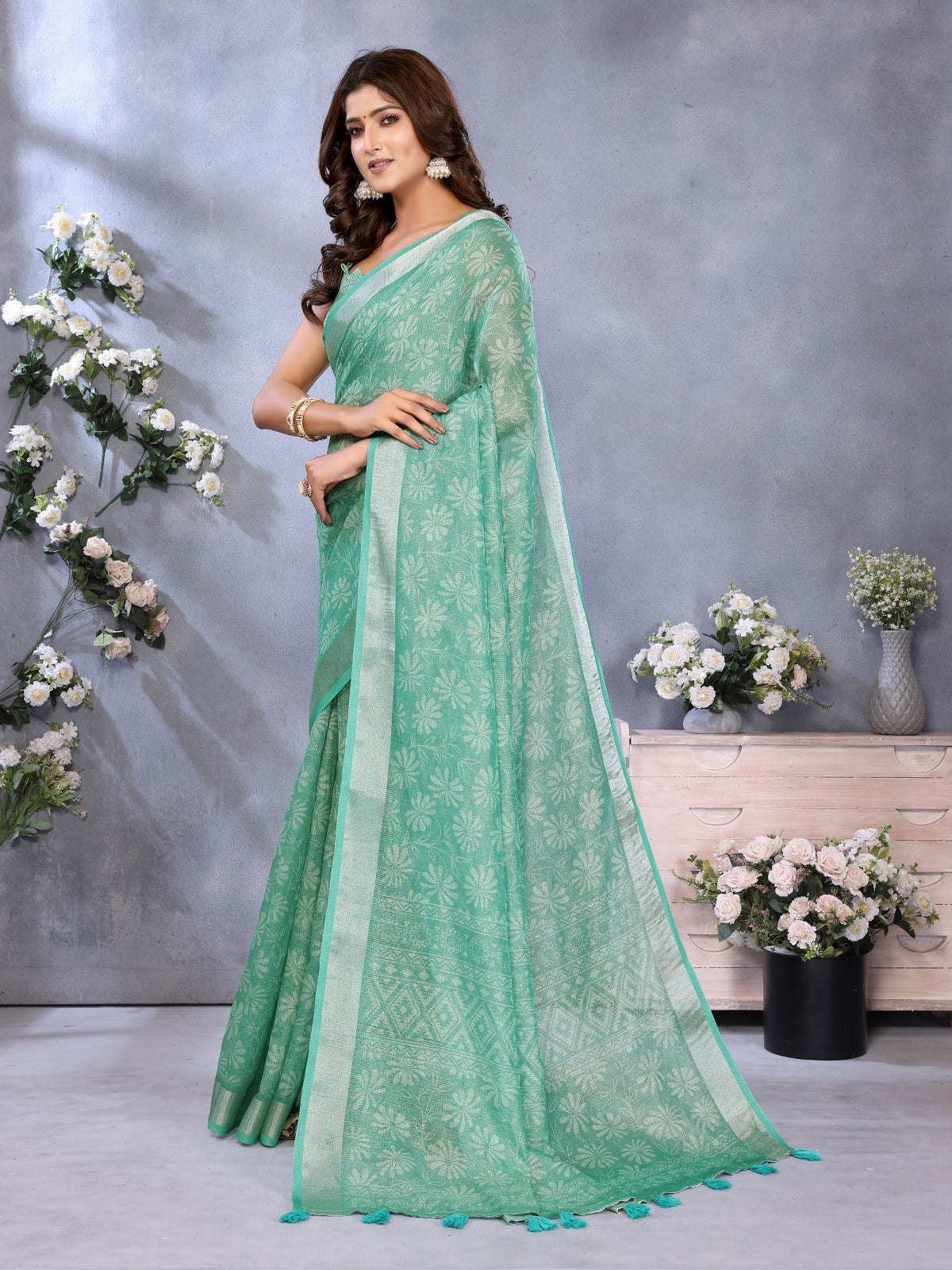 Sea Green Woven Pattern Saree