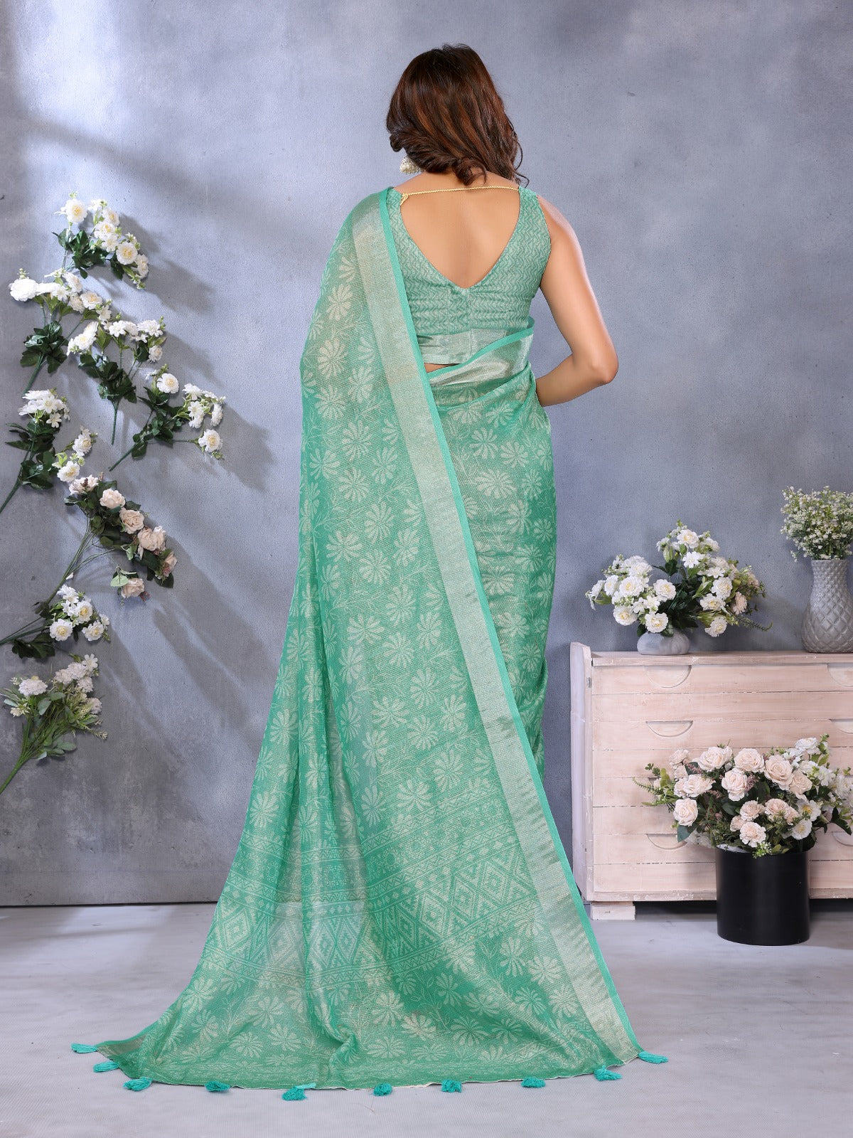 Sea Green Woven Pattern Saree