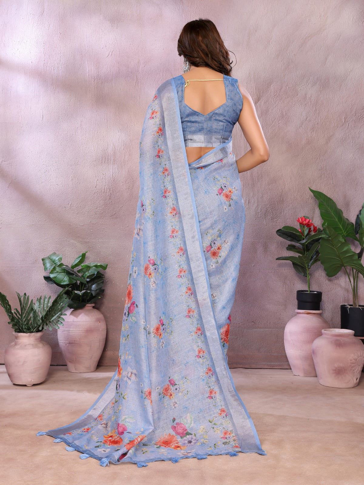Sky Blue Floral Printed Saree
