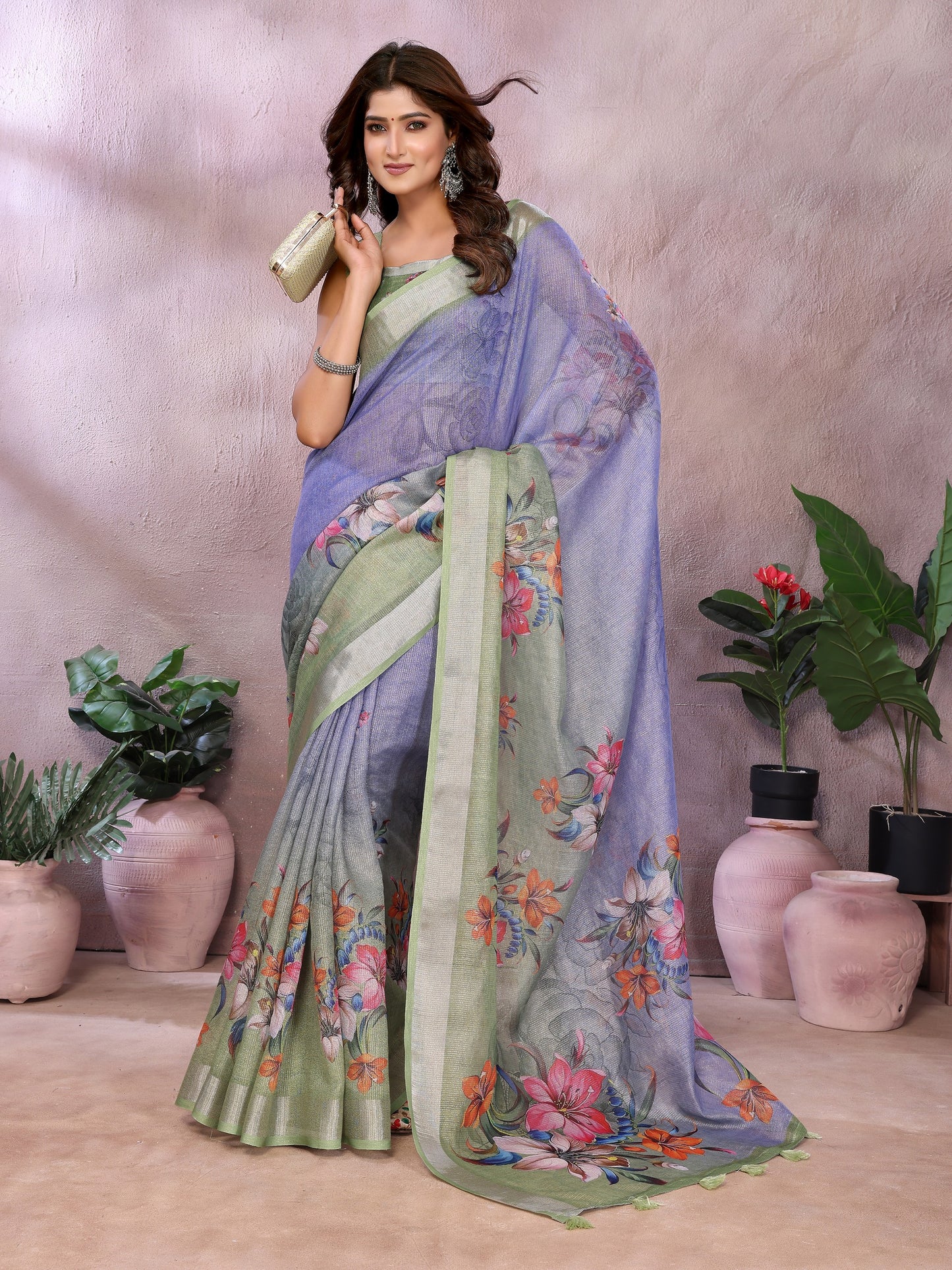 Lavender Green Floral Printed Saree