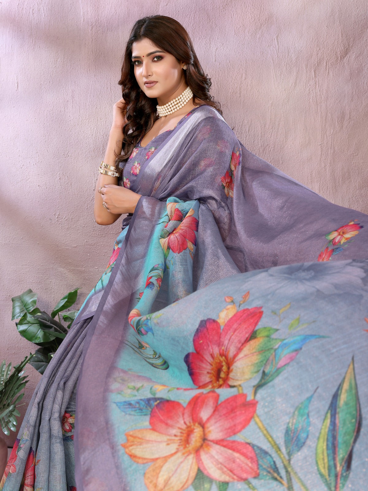 Aqua Blue Floral Printed Saree