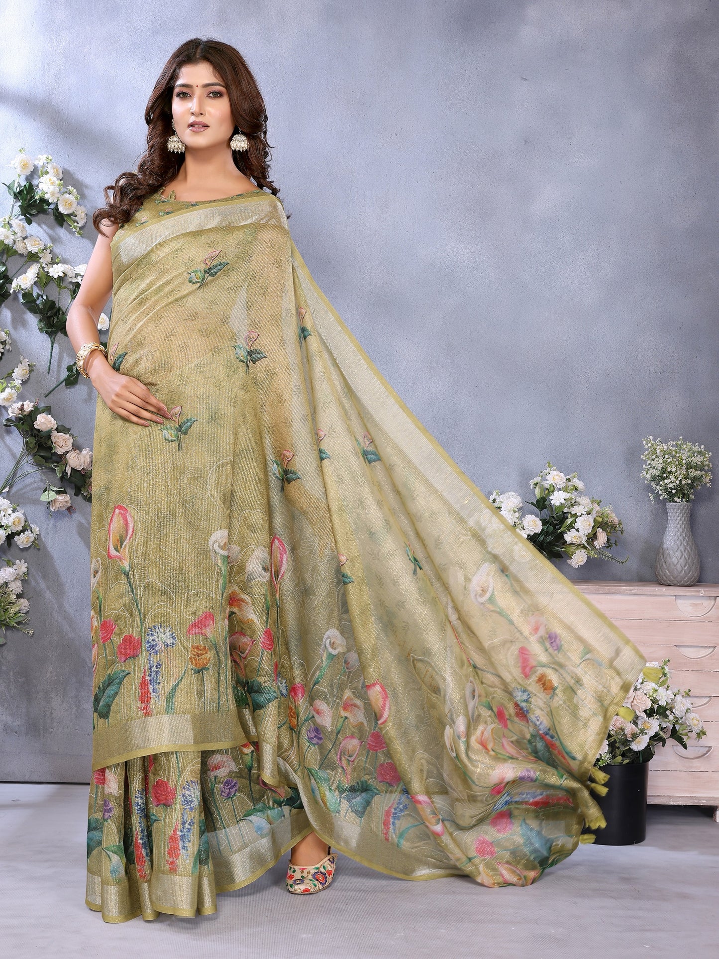 Olive Green Floral Printed Saree