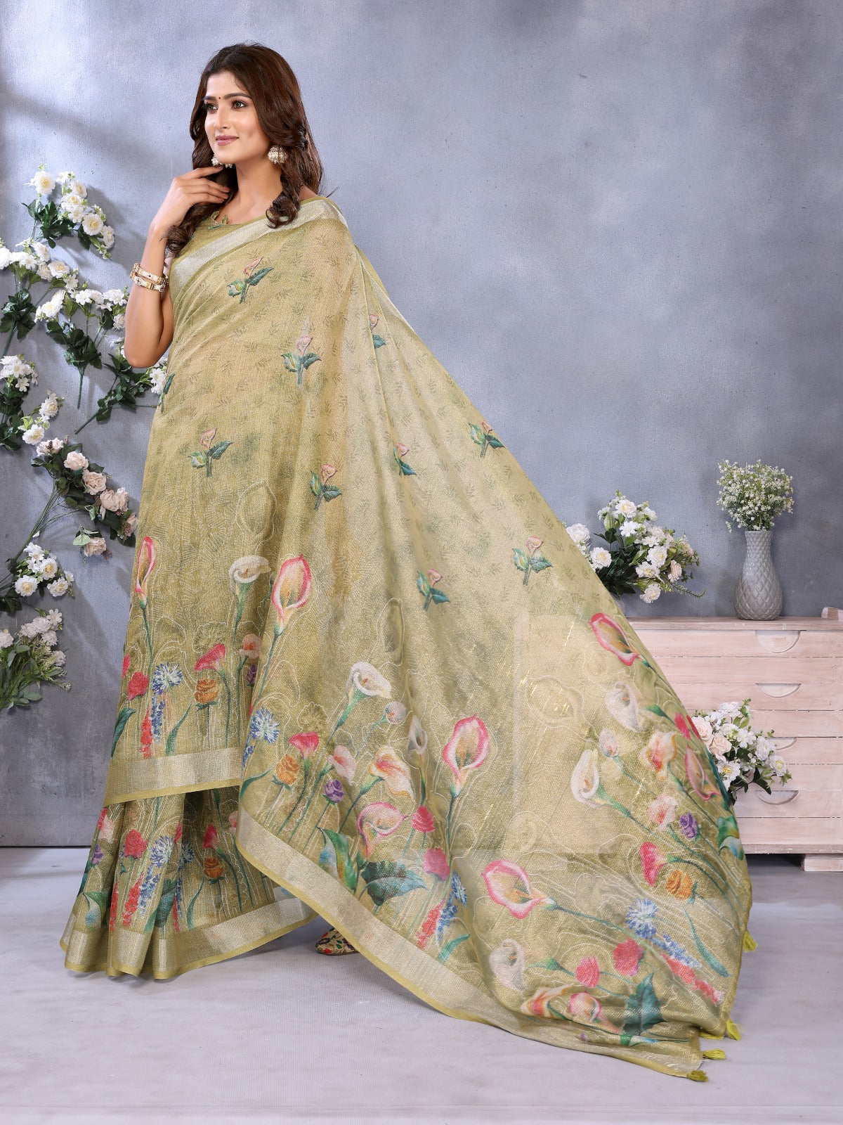 Olive Green Floral Printed Saree