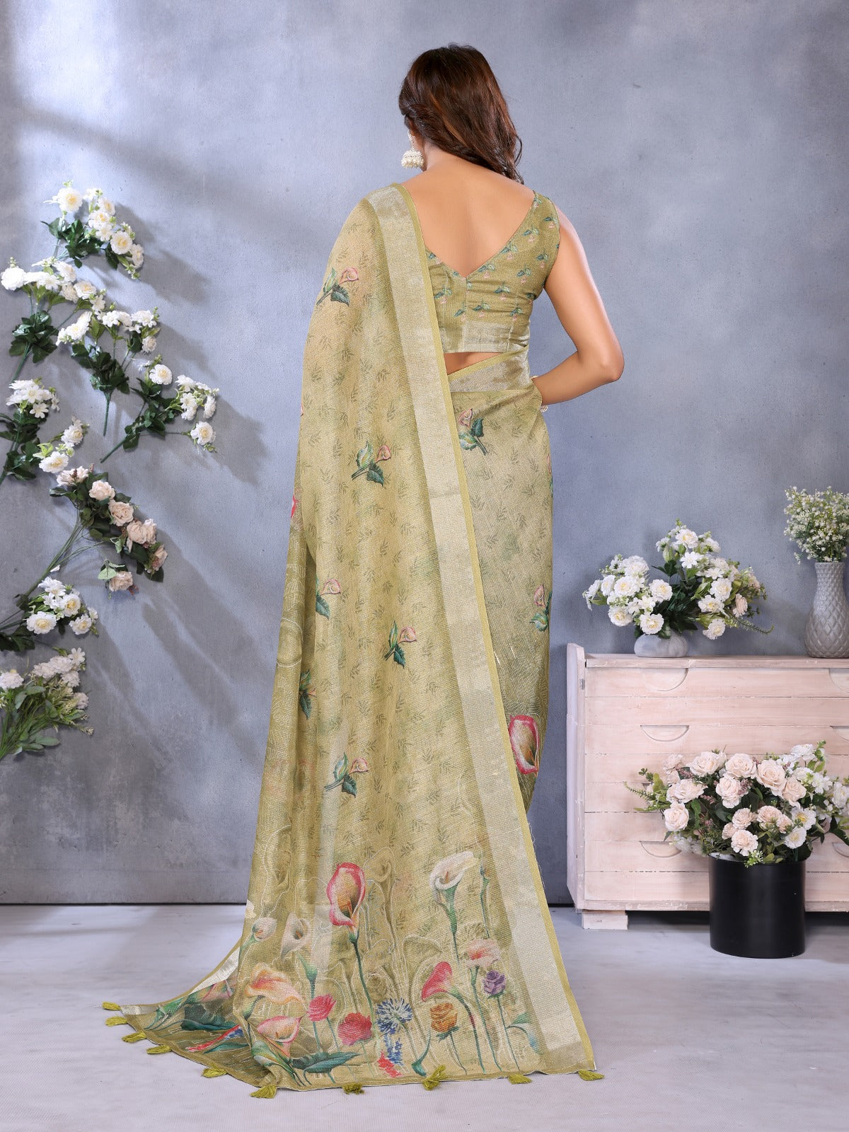 Olive Green Floral Printed Saree