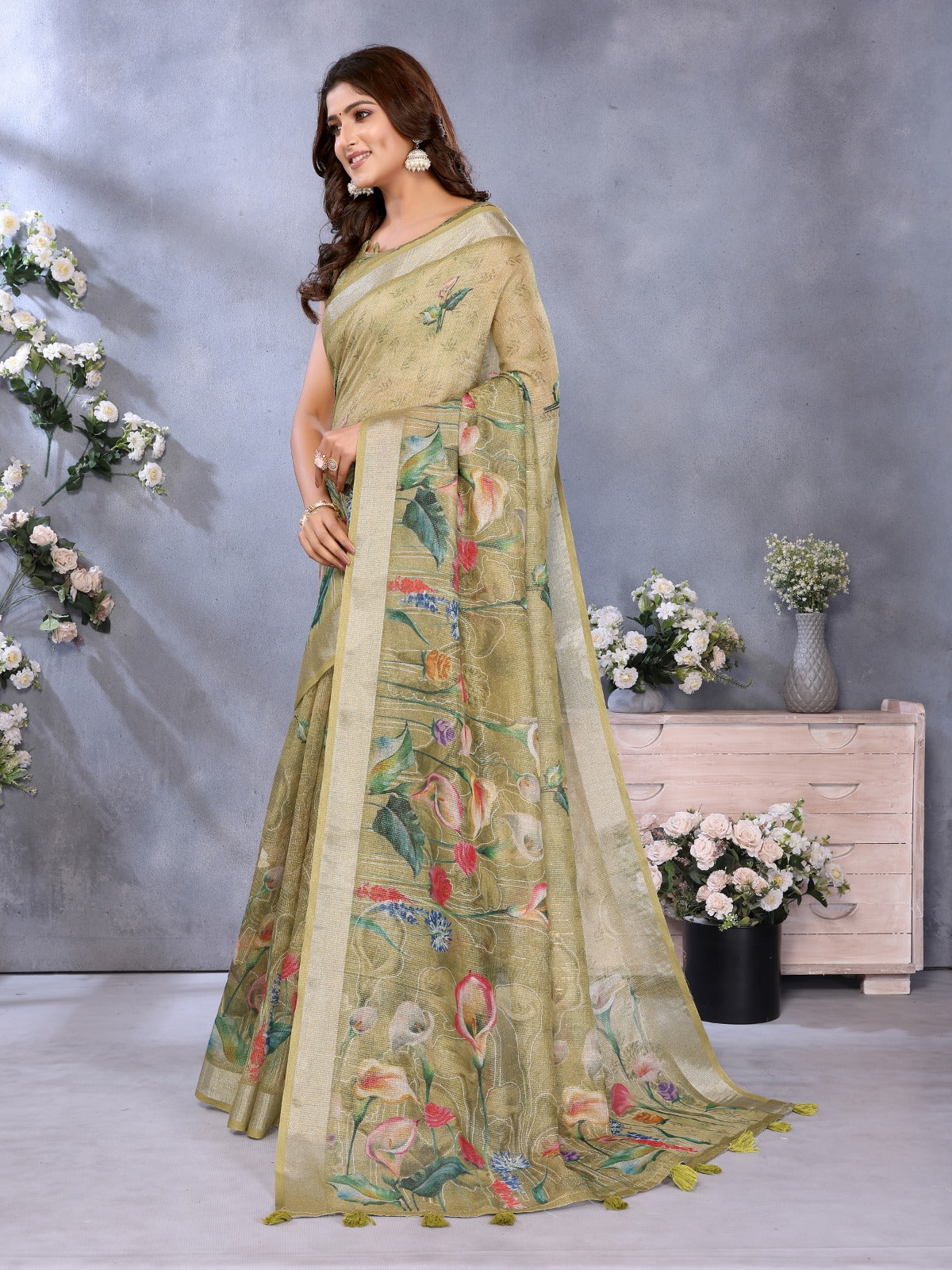 Olive Green Floral Printed Saree