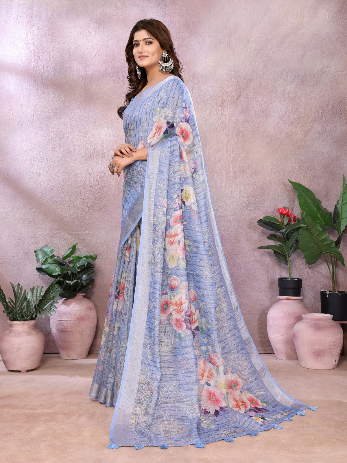 Sky Blue Floral Printed Saree