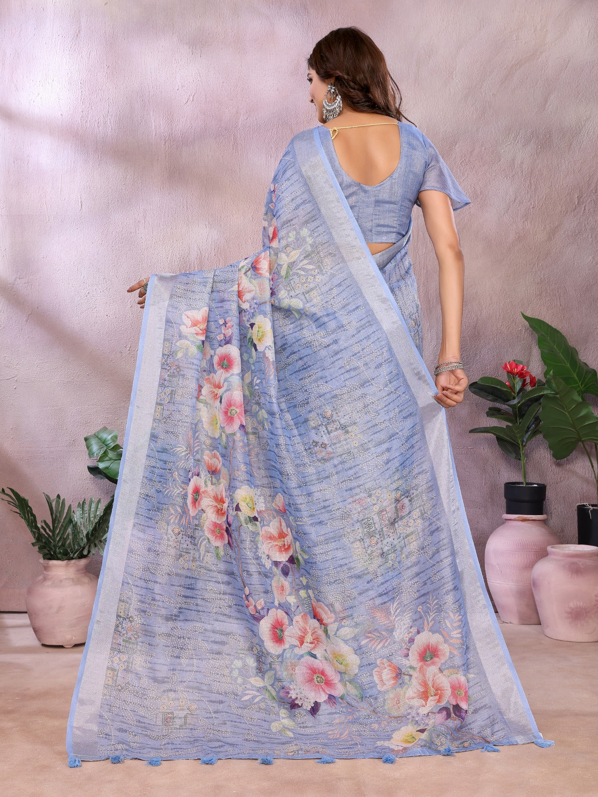 Sky Blue Floral Printed Saree