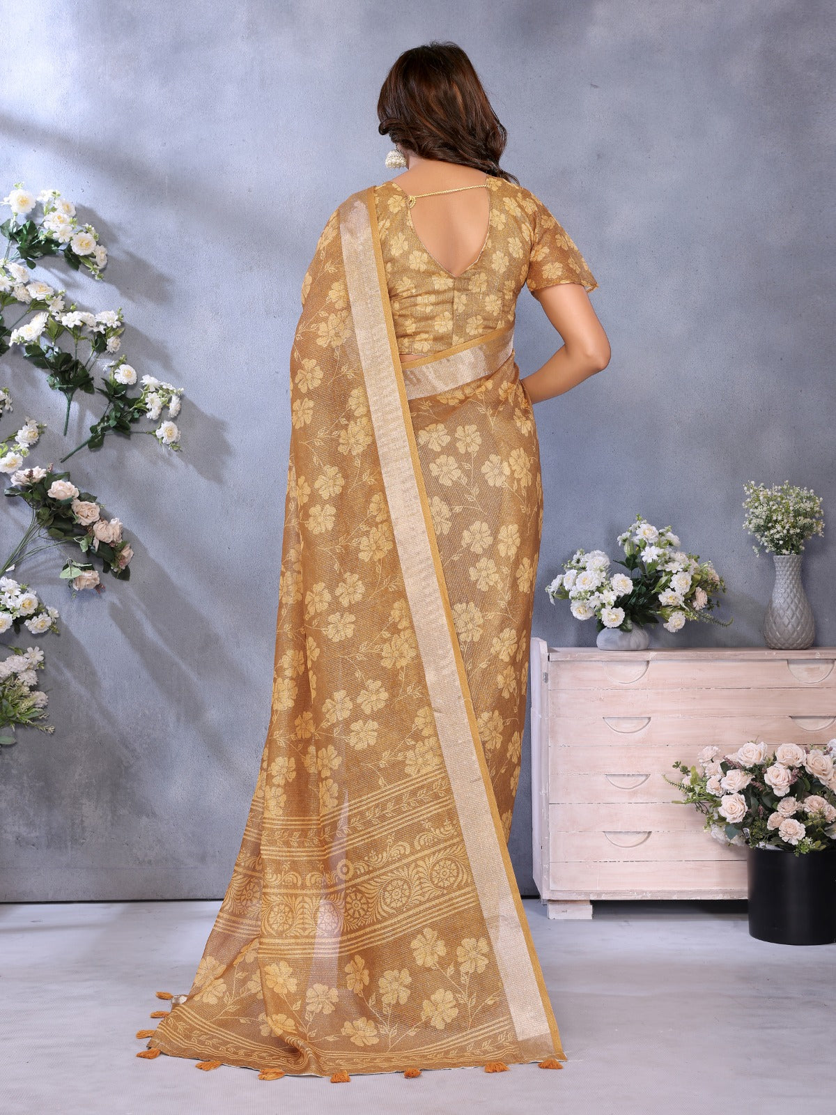 Golden Floral Woven Saree