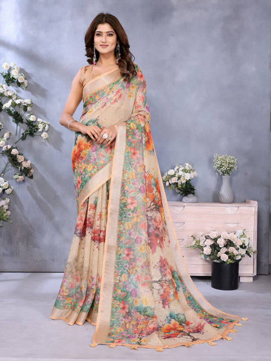 Beige Multicolor Floral Printed Saree