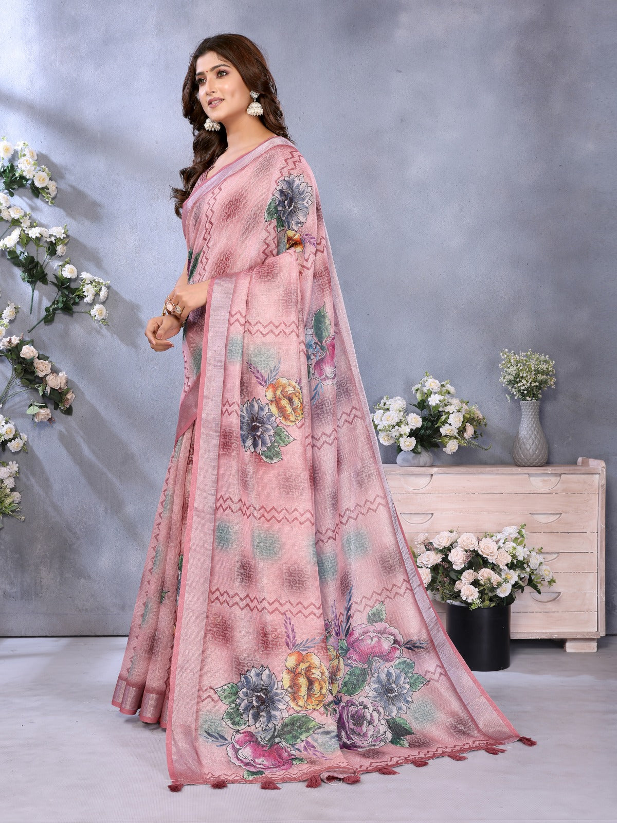 Pink Floral Printed Saree