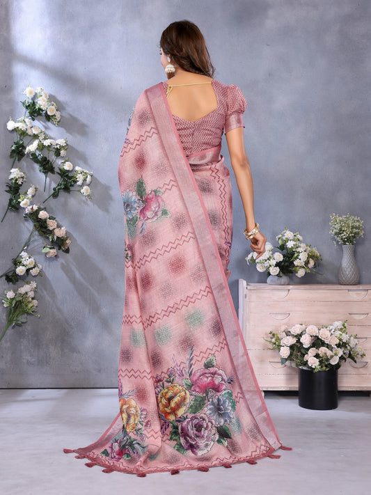 Pink Floral Printed Saree