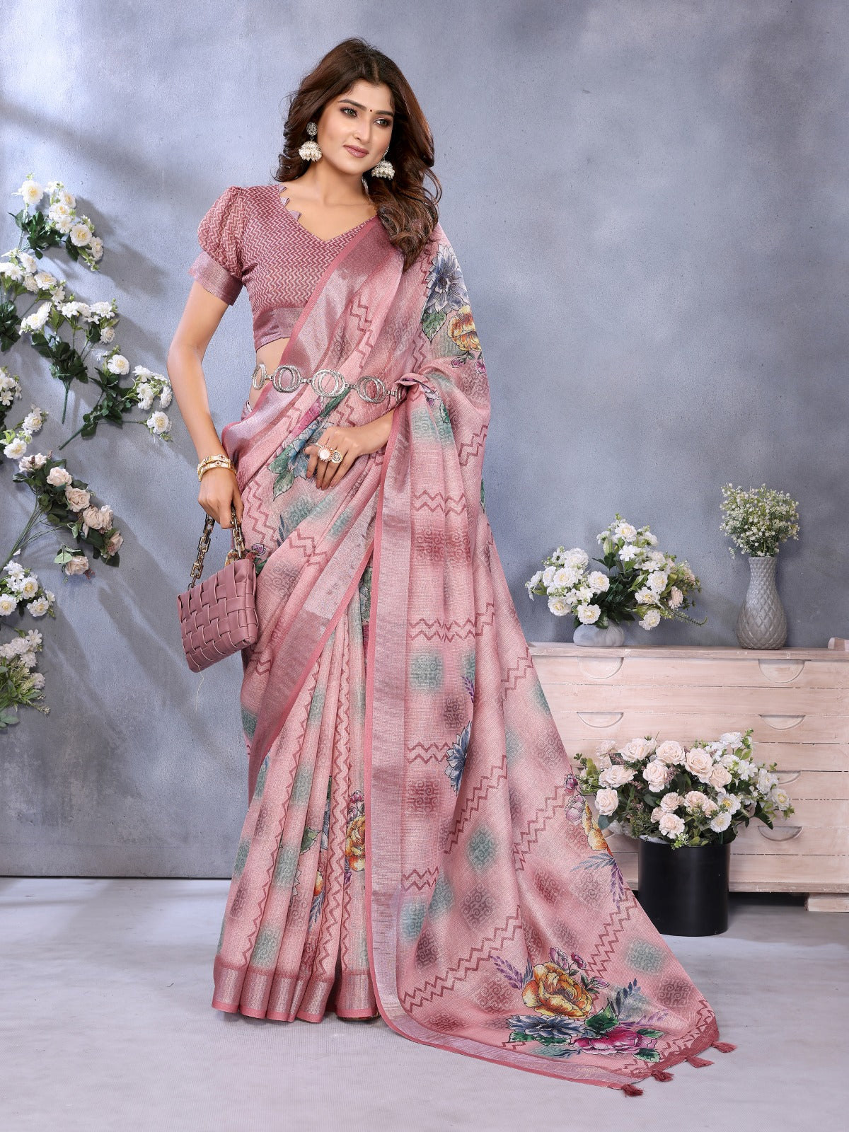 Pink Floral Printed Saree