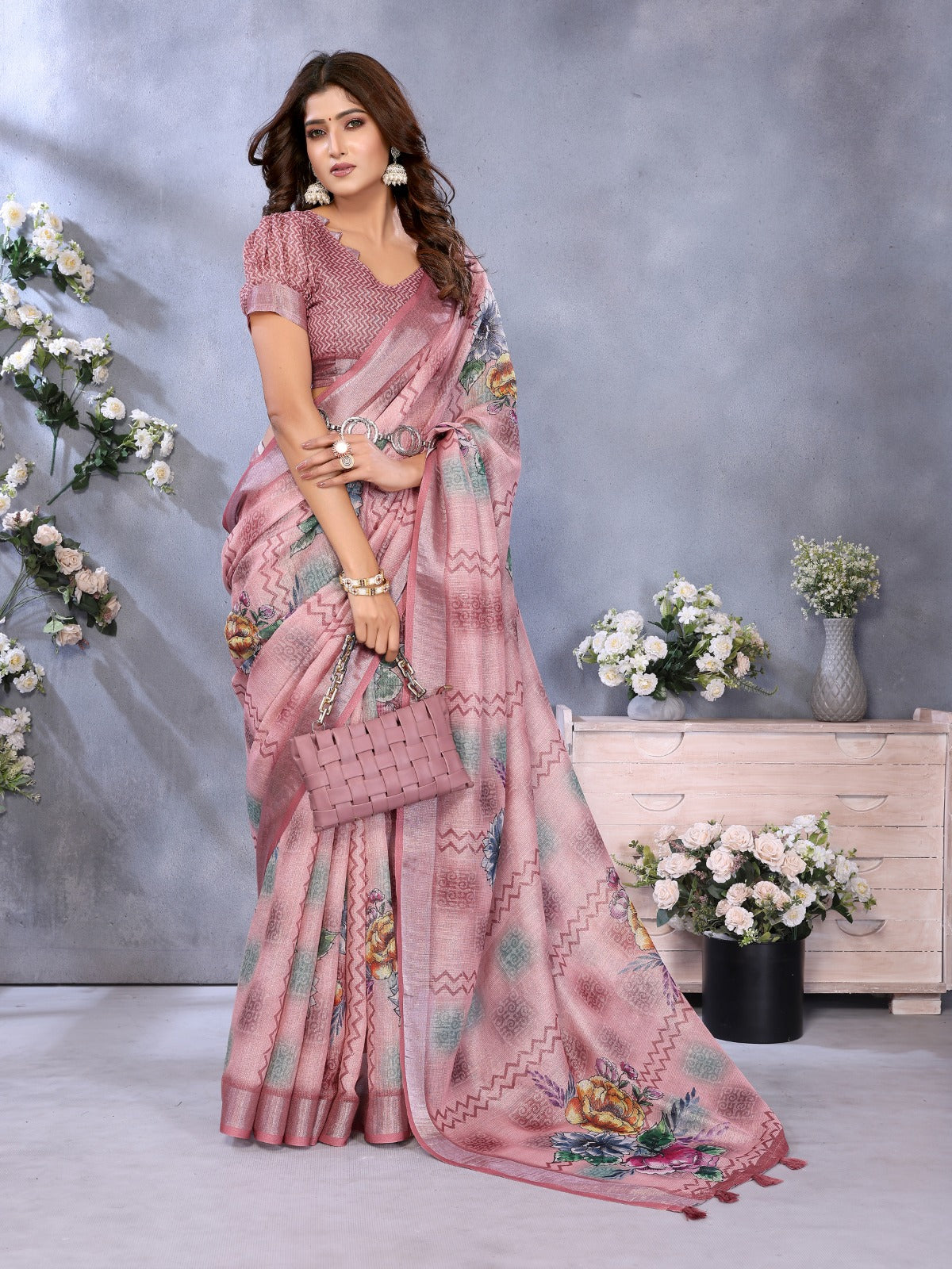 Pink Floral Printed Saree