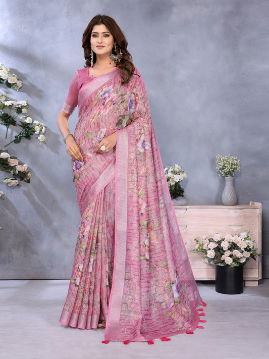 Pink Floral Printed Saree