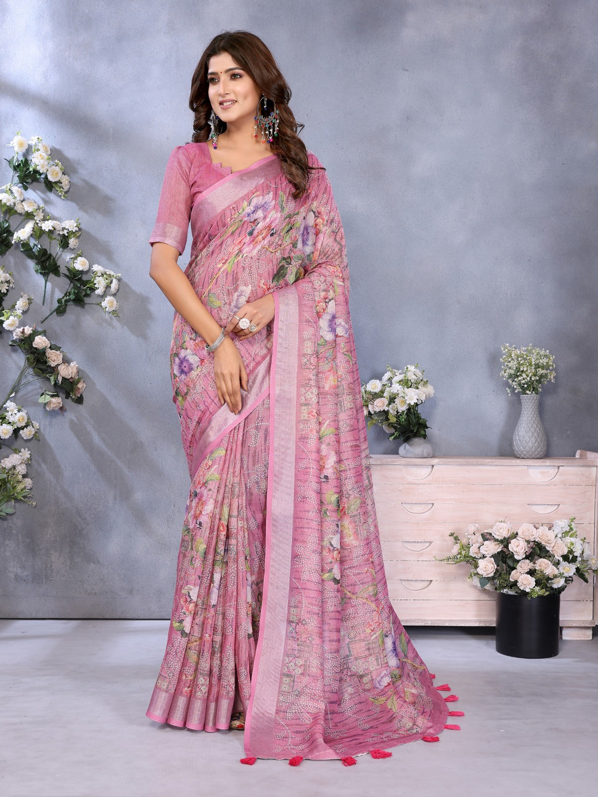 Pink Floral Printed Saree