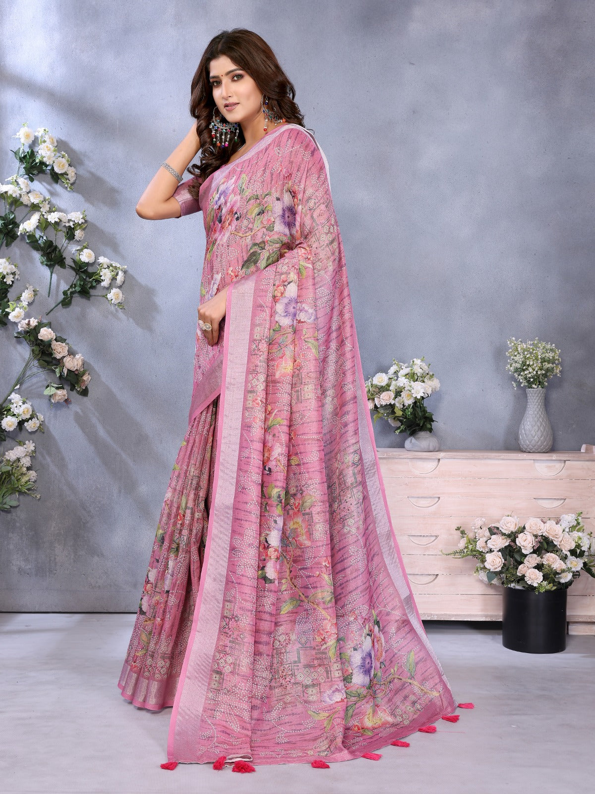 Pink Floral Printed Saree