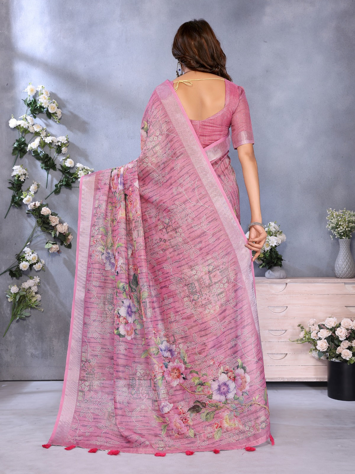 Pink Floral Printed Saree