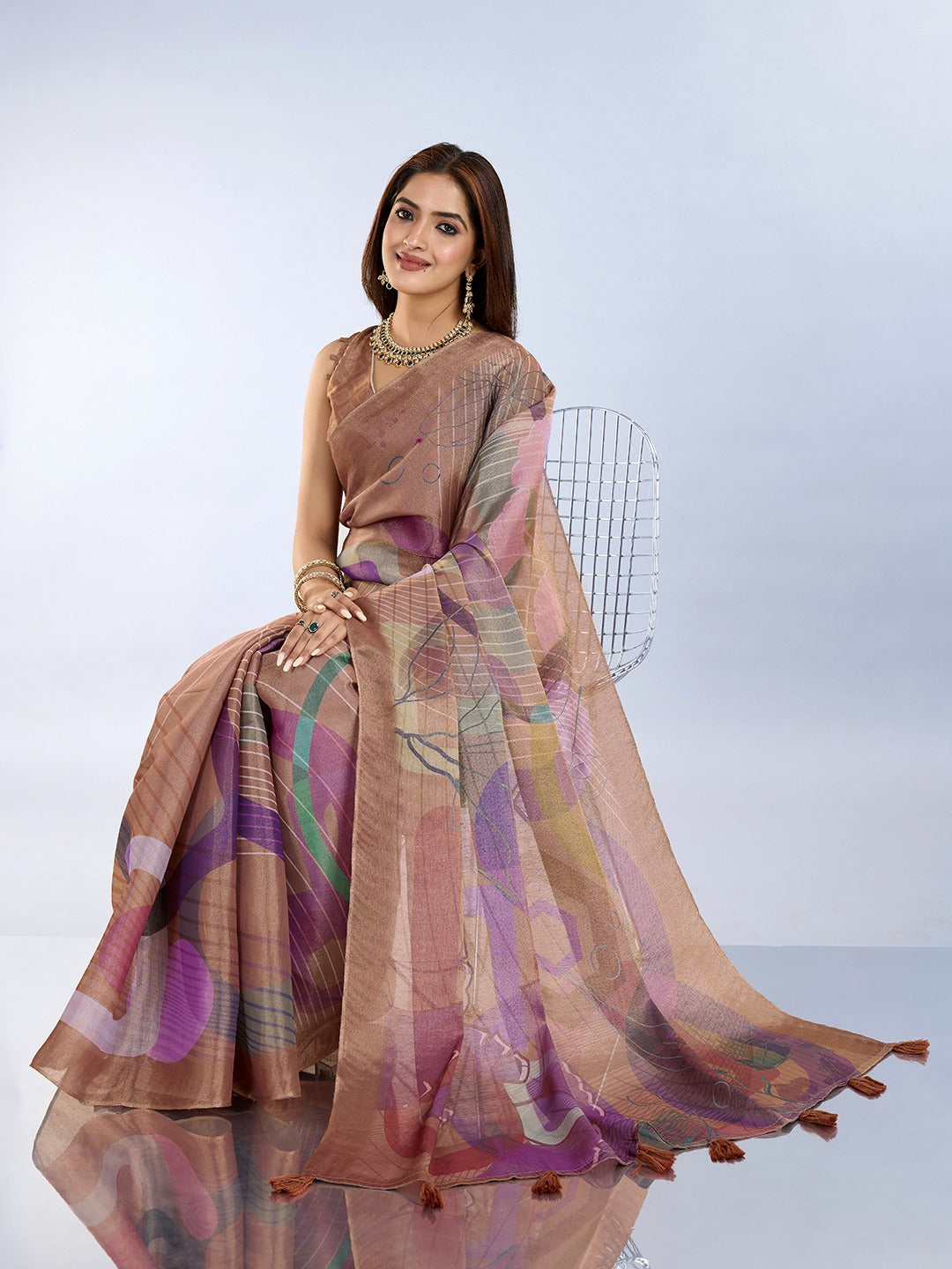 Brown Abstract Printed Saree