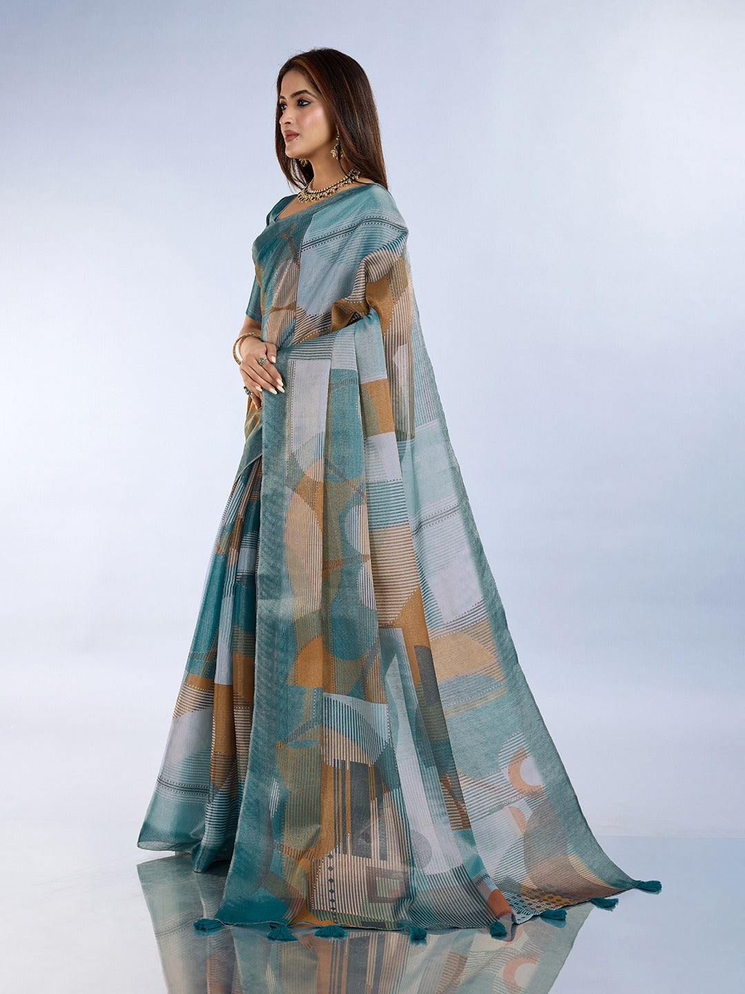 Teal Geometric Printed Saree