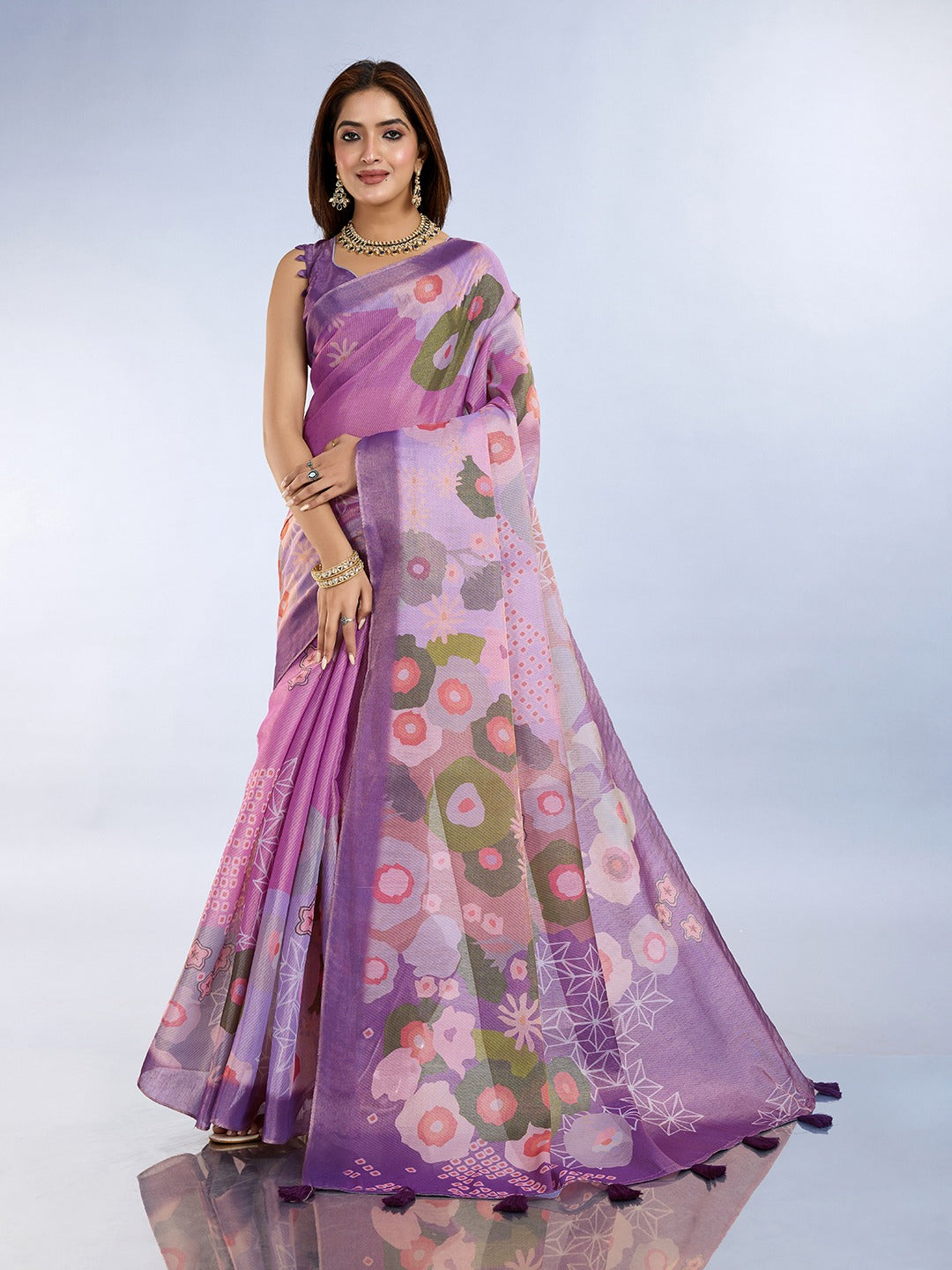 Lavender Multicolor Floral Printed Saree