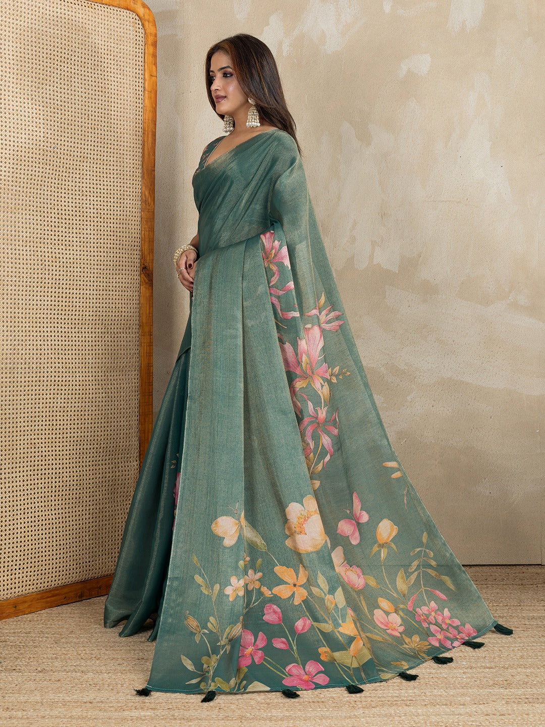 Teal Green Floral Printed Erode Anmol Silk Saree