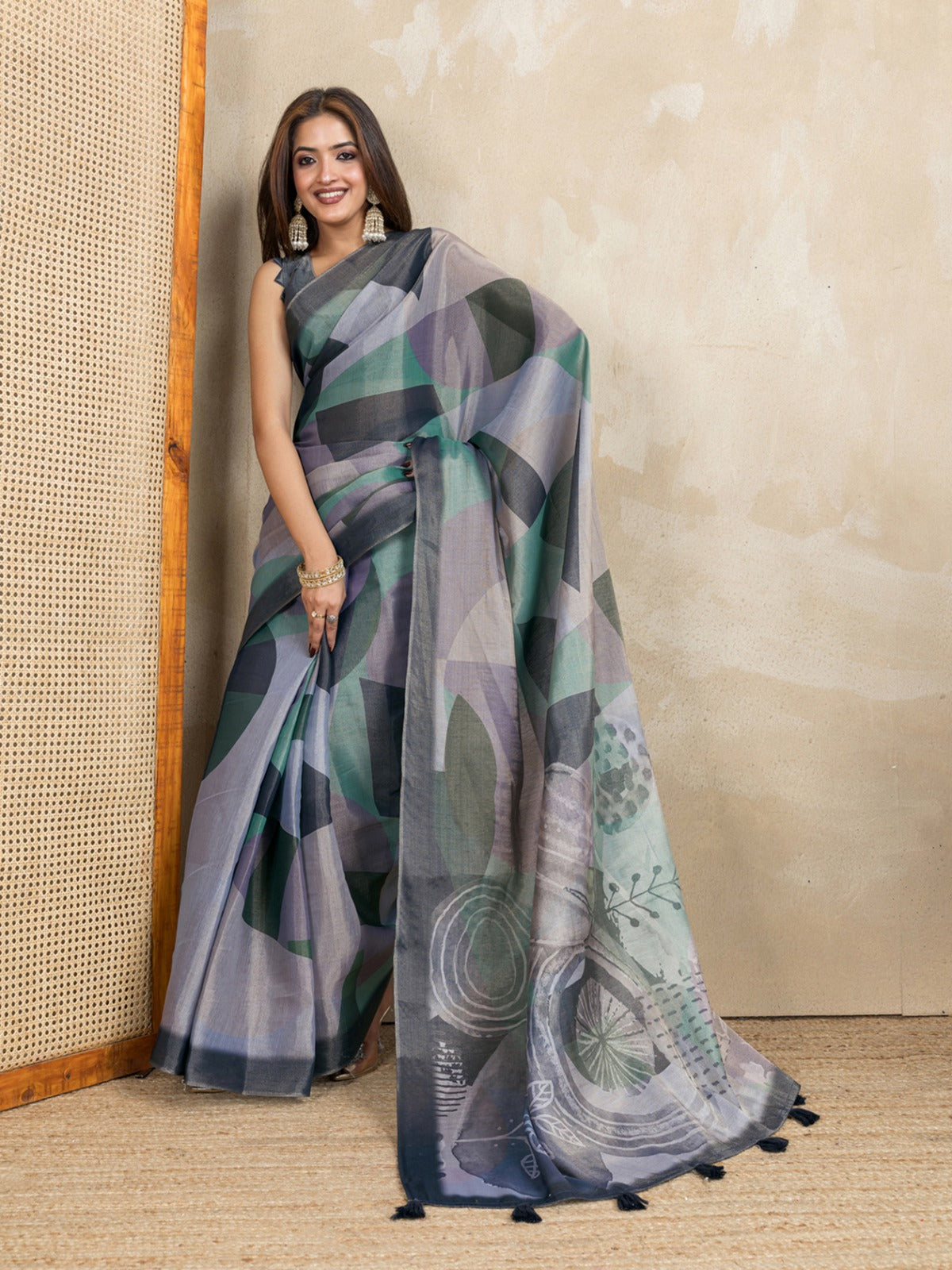 Grey Abstract Printed Erode Anmol Silk Saree