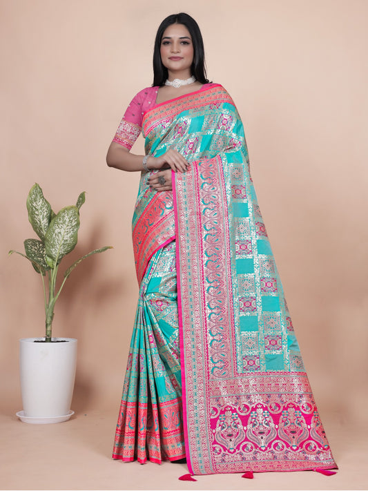Turquoise & Pink Banarasi Silk Saree with Silver Zari Elegance