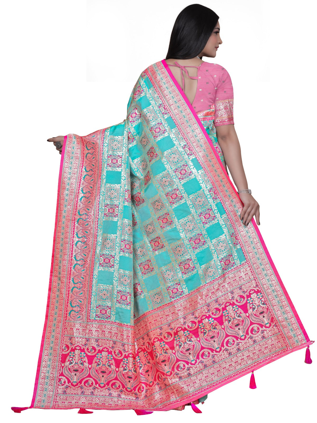 Turquoise & Pink Banarasi Silk Saree with Silver Zari Elegance