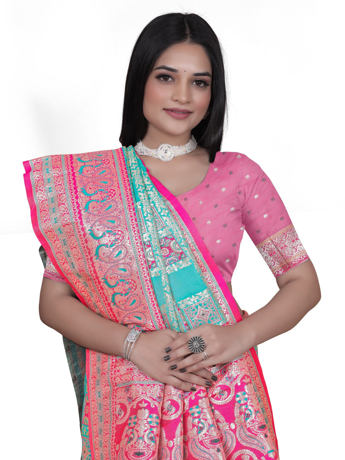Turquoise & Pink Banarasi Silk Saree with Silver Zari Elegance