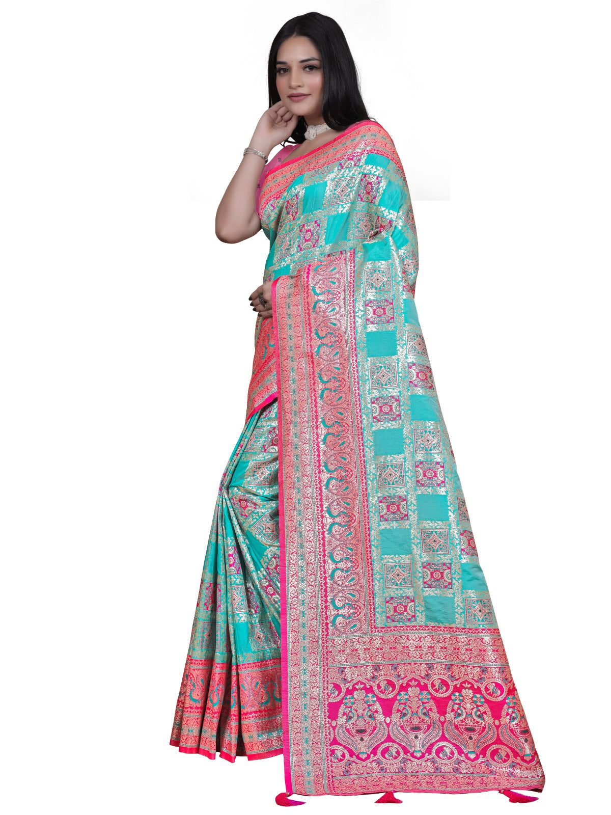 Turquoise & Pink Banarasi Silk Saree with Silver Zari Elegance